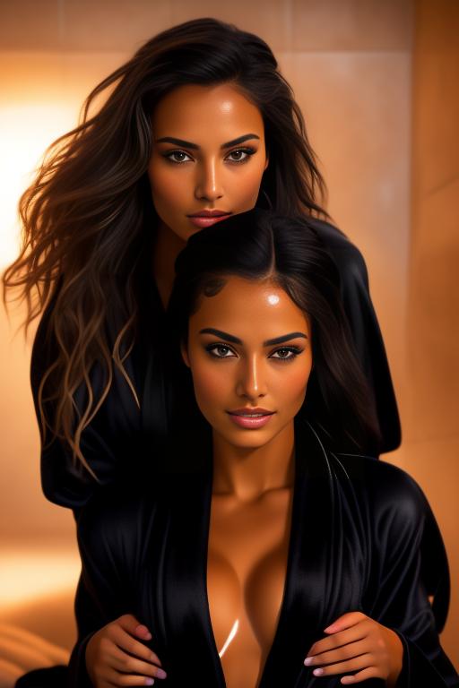 Image: two woman top models cudling touching cumming  tanned Art Style bestquality hyperdetailed ultradetailed Ethnicity Moroccan nude Camera  face extreme closeup  teasing mouth  in bed hair long laughing wet massage   black bathrobe