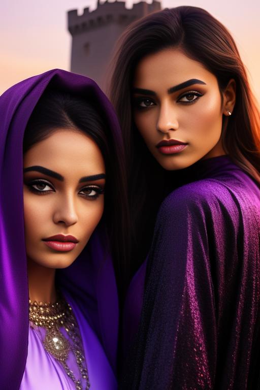 Image: two moroccan top models purple sunset castle fantasy extreme closeup black clothes
