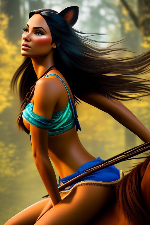Pocahontas Disney , chasing with bow , riding horse, legs, nbr_models_one One Top Model, art_style_hyper_detailed Hyper Detailed, camera_close_up Close-Up