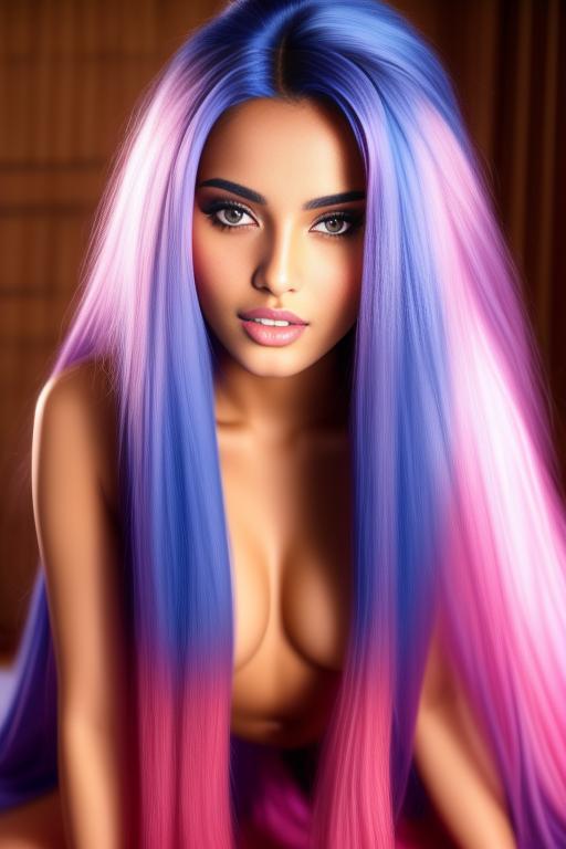 Image: moroccan sexy top models close up  blue and red long hair  bonde and pink long hair  open sexy vest hot lips no underwear kneeling close face shot from above
