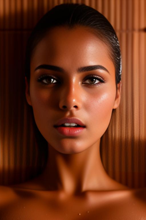 Image: Female Moroccan top model  face close up  in  sauna nude shot from above  open mouth dry covered sperm beautiful eyes