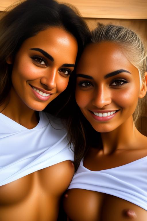 Image: two woman top model tanned Art Style bestquality camera shot face extreme closeup hyperdetailed ultradetailed Ethnicity Moroccan   sauna  white sports apparel  smiling holding touching dressshirtliftv309 shirtlift artStylebestquality hyperdetailed ultradetailed nsfwnsfw