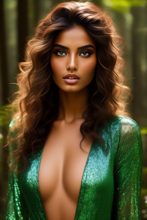 Image: A sexy Moroccan top model face focus on a big sunny forest with monsters harassing her