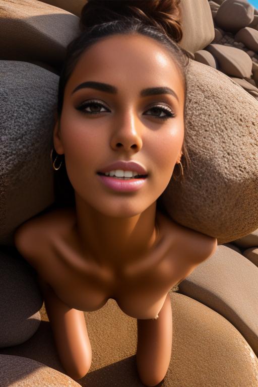Image: Moroccan Top model beauty holding  sports sexy outfit  gentlesmile   close up shot  in rocky rocks no panties  boobs face close up shot from below kneeling open mouth focus on eyes sucking