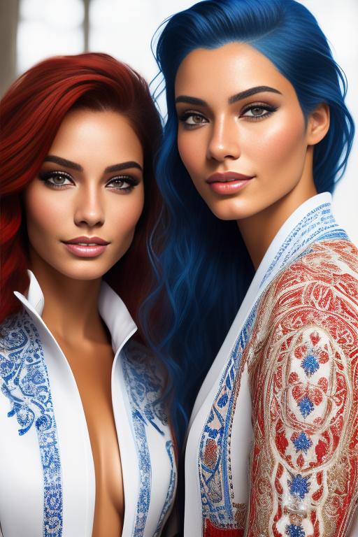 Image: Hair Color blue and red Ethnicity Moroccan Art Style bestquality hyperdetailed ultradetailed Nsfw nsfw Nbrmodels Two top models Dressqty open whitejacket smiling  face close up