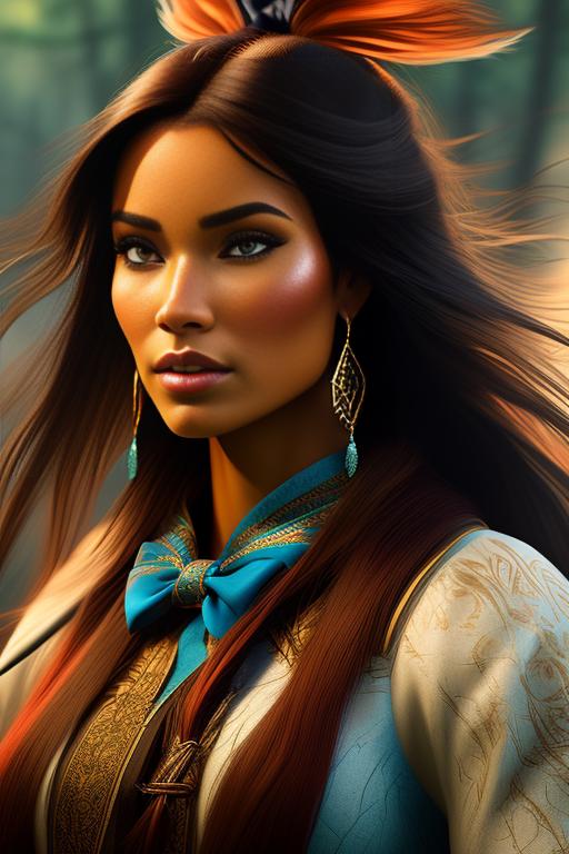 Pocahontas Disney , chasing with bow , riding horse, nbr_models_one One Top Model, art_style_hyper_detailed Hyper Detailed, camera_close_up Close-Up