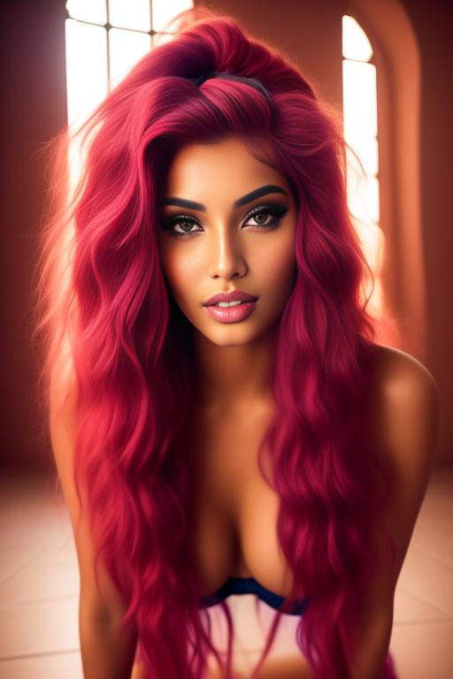 Image: moroccan sexy top models close up red and blue long hair  bonde and pink hair  open sexy vest hot lips no underwear kneeling close face shot standing below riding