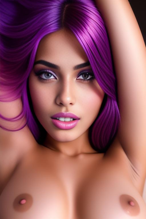 Image: moroccan sexy top model close up blue and red long hair  bonde and pink purple hairclose face shot laying above her penetration