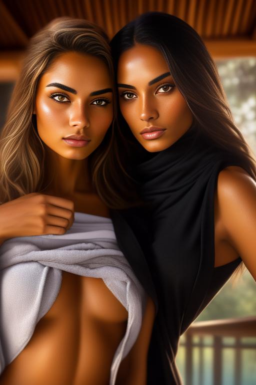 Image: two woman top models cudling touching  tanned Art Style bestquality hyperdetailed ultradetailed Ethnicity Moroccan  Camera face extreme closeup eyes  hair long  sauna black towel  tshirt joggings  dressshirtliftv308 shirtlift