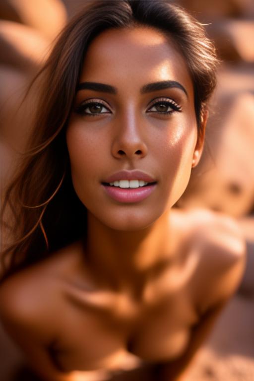 Image: Moroccan Top model beauty holding  sports sexy outfit  gentlesmile   close up shot  in rocky rocks no panties  boobs face close up shot from below kneeling open mouth focus on eyes sucking