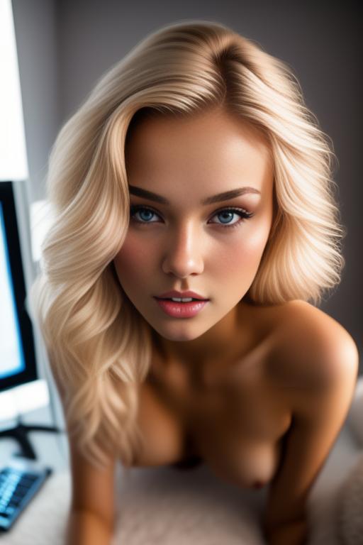 Image: russian blonde top model next to gaming pc  from above closeup hot fuck open lips