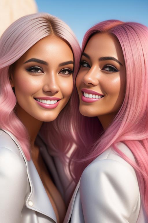 Image: Hair Color pastelPink Ethnicity Moroccan Art Style bestquality hyperdetailed ultradetailed Nsfw nsfw Nbrmodels Two top models Dressqty open whitejacket smiling  face close up crawling