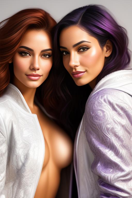 Image: Hair Color purple Ethnicity Moroccan Art Style bestquality hyperdetailed ultradetailed Nsfw nsfw Nbrmodels Two top models Dressqty open whitejacket smiling  face close up