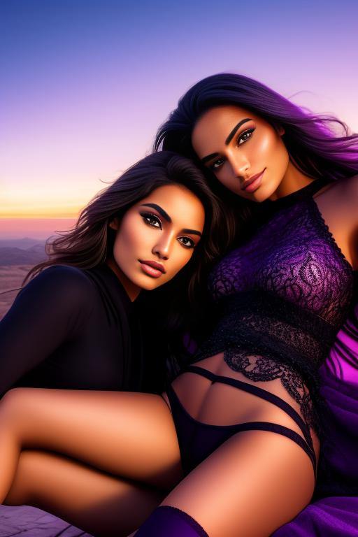 Image: two moroccan top models purple sunset castle fantasy extreme closeup face eyes  black clothes smile legs