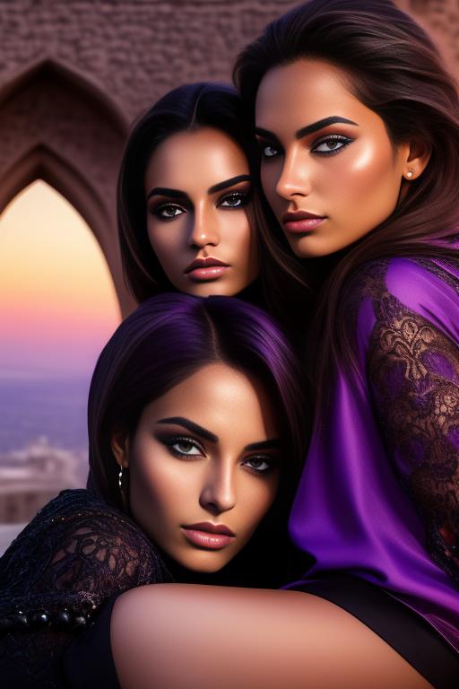 Image: two moroccan top models purple sunset castle fantasy extreme closeup detailed face eyes  black clothes happy legs
