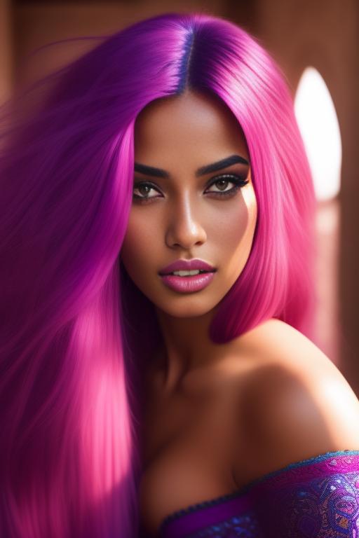 Image: moroccan sexy top model close up blue and red long hair  bonde and pink purple hairclose face shot kneeling riding closed eyes teasing look boobs