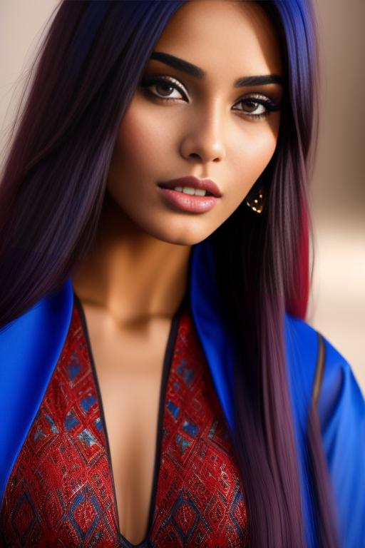 Image: two  moroccan sexy top models close up  blue and red long hair open vest