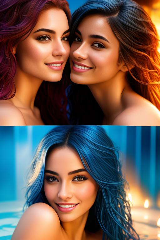 Image: artStylebestquality hyperdetailed ultradetailed   hair Color  electricBlue  backgroundHot tub  positionkissing     Cameraface closeup positionsmiling  dressopen jacket nbrmodelsTwo female top models ethnicityMoroccan nsfwnsfw