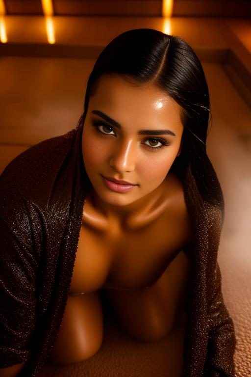 Image: Two  female Moroccan top models  face close up shot  wet kneeling in massage sauna black open bathrobe showing body  shot from above  teasing expression