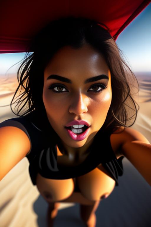 Wearing torn open black tshirt, , eyes,  female top models,( camera shot from above, from the sky downwards), (face extreme close-up ), arms up, (big round sucking open swallow mouth) tongue, nbr_models_one One Top Model, ethnicity_moroccan Moroccan, dress_shirtlift Shirtlift, background_desert Desert, art_style_hyper_detailed Hyper Detailed, camera_close_up Close-Up, <dress_shirtlift:0.0>