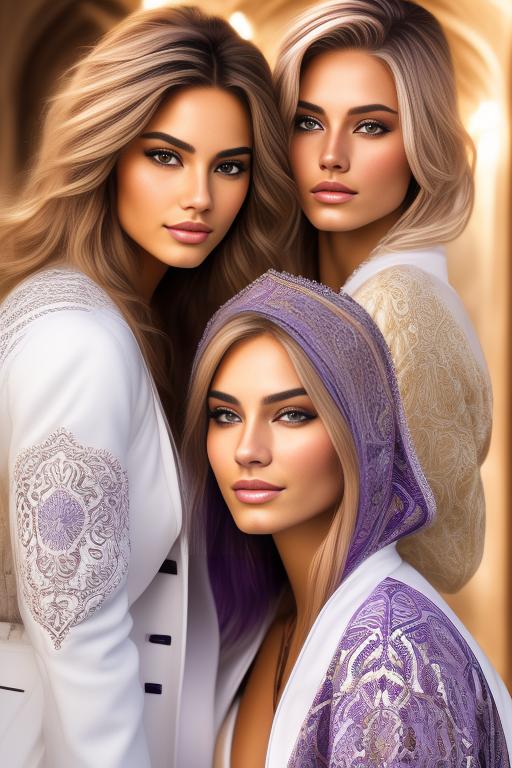 Image: Hair Color purple blond Ethnicity Moroccan Art Style bestquality hyperdetailed ultradetailed Nsfw nsfw Nbrmodels Two top models Dressqty open whitejacket smiling  face close up
