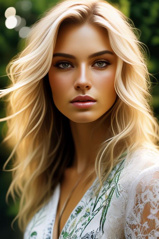 Image: Blonde  nbrmodelsone One Top Model ethnicitycaucasian Caucasian backgroundgarden Garden artstylehyperdetailed Hyper Detailed camerafacecloseup Face CloseUp