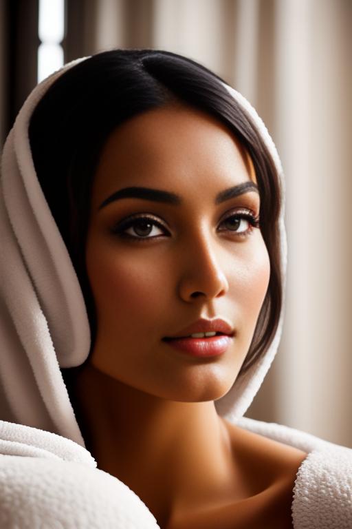 Image: Hot Moroccan top model and masseuse face close up hôtel massage room black bathrobe