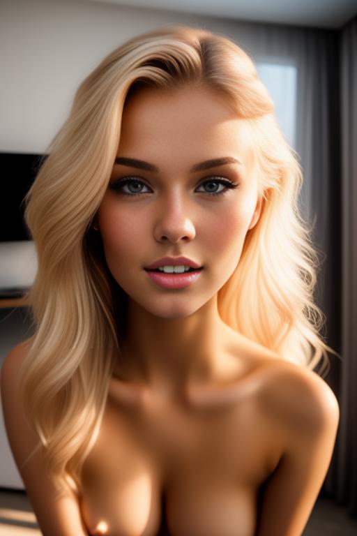 Image: russian blonde top model next to gaming pc  from above closeup hot  shy teasing nude biting lips laying