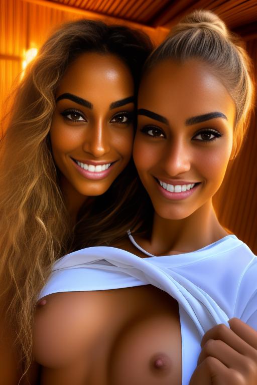 Image: two woman top model tanned Art Style bestquality camera shot face extreme closeup hyperdetailed ultradetailed Ethnicity Moroccan   sauna  white sports apparel  smiling holding touching dressshirtliftv309 shirtlift artStylebestquality hyperdetailed ultradetailed nsfwnsfw