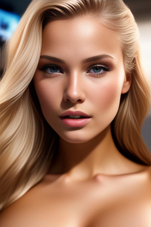 Image: russian blonde top model next to gaming pc  from above face extreme closeup   nude fingers