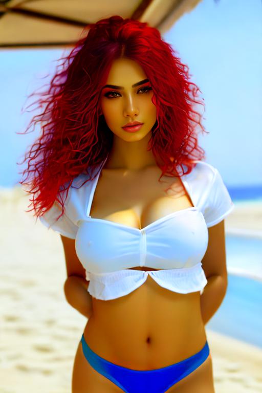Image: Hair Color blue red Ethnicity turkish top model   pulld1 pulld white shirt  sunny beach