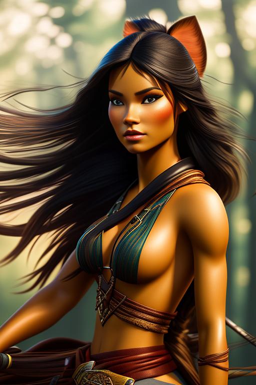 Pocahontas Disney , chasing with bow , riding horse, nbr_models_one One Top Model, art_style_hyper_detailed Hyper Detailed, camera_close_up Close-Up