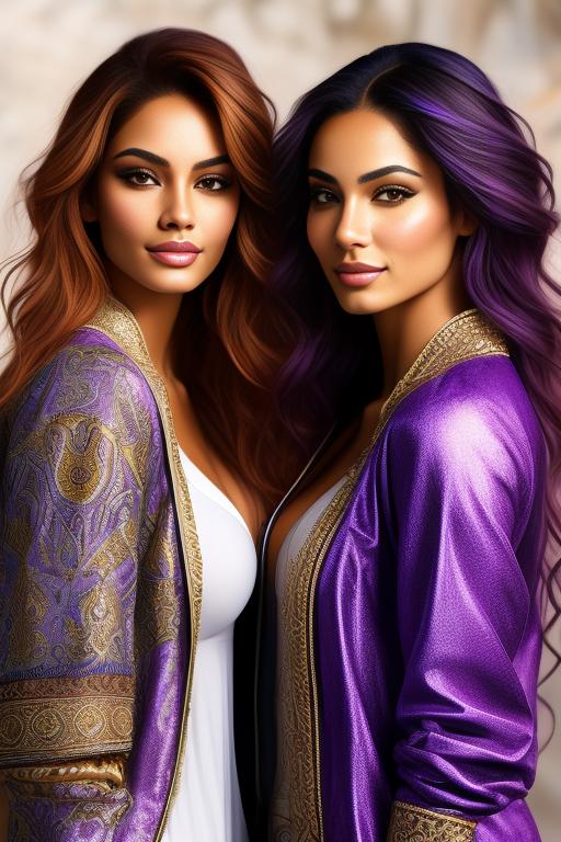 Image: Hair Color purple Ethnicity Moroccan Art Style bestquality hyperdetailed ultradetailed sfw sfw Nbrmodels Two top models Dressqty open jacket smiling   body close up