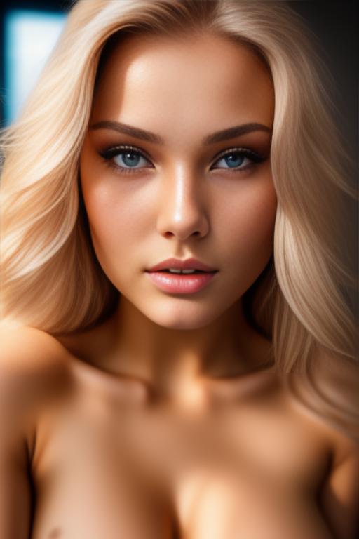 Image: russian blonde top model next to gaming pc from above face extreme closeup nude fingers