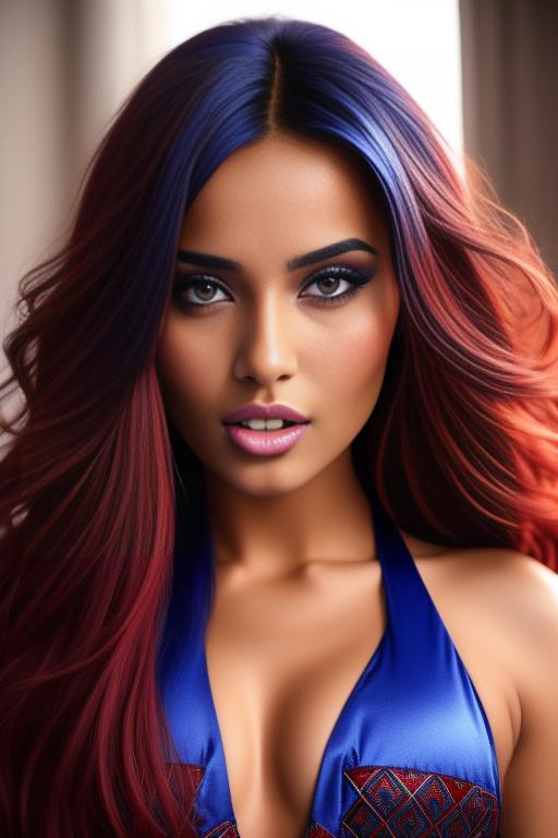 Image: two  moroccan sexy top models close up  blue and red long hair open sexy vest hot mouth no underwear