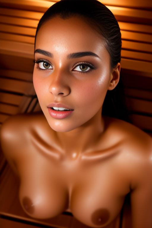 Image: Female Moroccan top model  face close up   kneeling in  sauna nude shot from above  open mouth dry hair covered sperm beautiful eyes