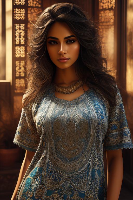 Image: Art Style bestquality hyperdetailed ultradetailed Ethnicity Moroccan Dressqty wearing pants sexy tshirt Camera closeup
