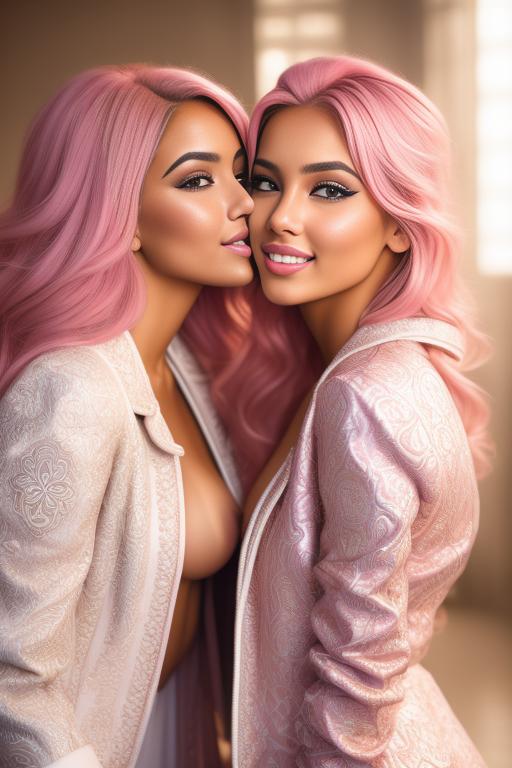 Image: Hair Color pastelPink Ethnicity Moroccan Art Style bestquality hyperdetailed ultradetailed Nsfw nsfw Nbrmodels Two top models Dressqty open whitejacket smiling  face close up kissing masturbating