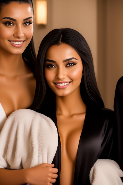 Image: Two hot Moroccan top model and masseuse close up smile standing at hotel massage room black closed bathrobe