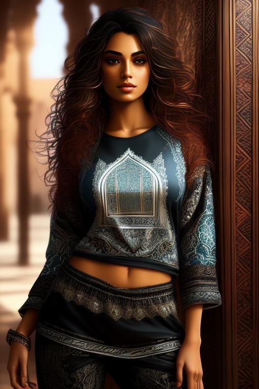Image: Art Style bestquality hyperdetailed ultradetailed Ethnicity Moroccan Dressqty wearing pants sexy tshirt Camera closeup Hair Color black