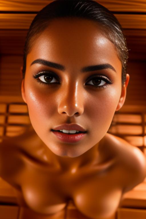 Image: Female Moroccan top model  face close up   kneeling in  sauna nude shot from above  open mouth dry