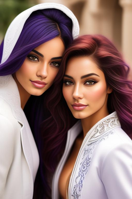 Image: Hair Color purple Ethnicity Moroccan Art Style bestquality hyperdetailed ultradetailed Nsfw nsfw Nbrmodels Two top models Dressqty open whitejacket smiling  face close up