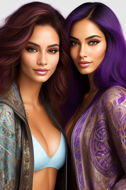 Image: Hair Color purple Ethnicity Moroccan Art Style bestquality hyperdetailed ultradetailed sfw sfw Nbrmodels Two top models Dressqty open jacket smiling  face close up
