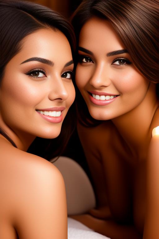 Image: Two hot female Moroccan top model and masseuse close up smile laying teasing at massage room black closed bathrobe