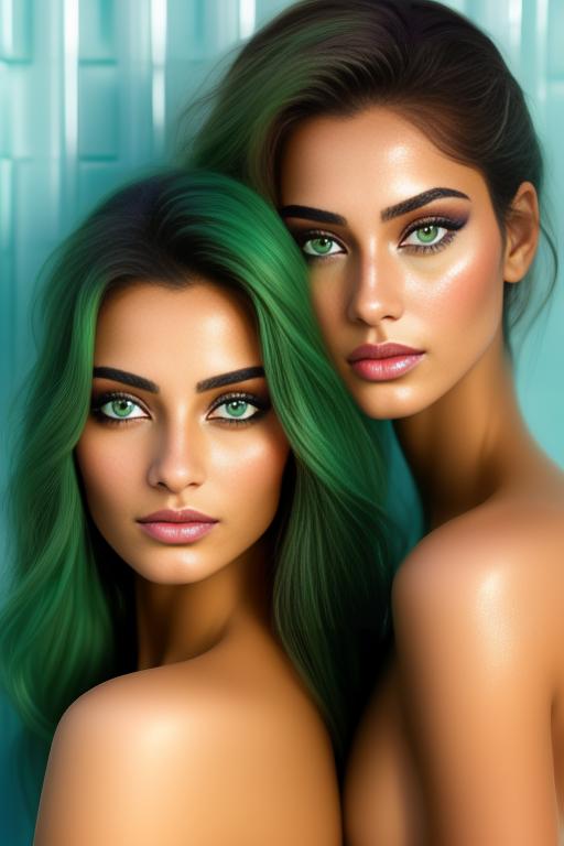 Image: two moroccan top models  goergeous light greeneyes face close up in bluebath purple decor
