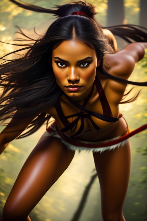 Pocahontas Disney , chasing with bow , fighting with ( brown bear), legs, torn open clothes, nbr_models_one One Top Model, art_style_hyper_detailed Hyper Detailed, camera_close_up Close-Up