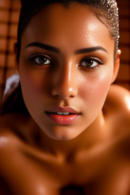 Image: Female Moroccan top model  face close up shot  wet kneeling in massage sauna nude shot from above  sperm in face