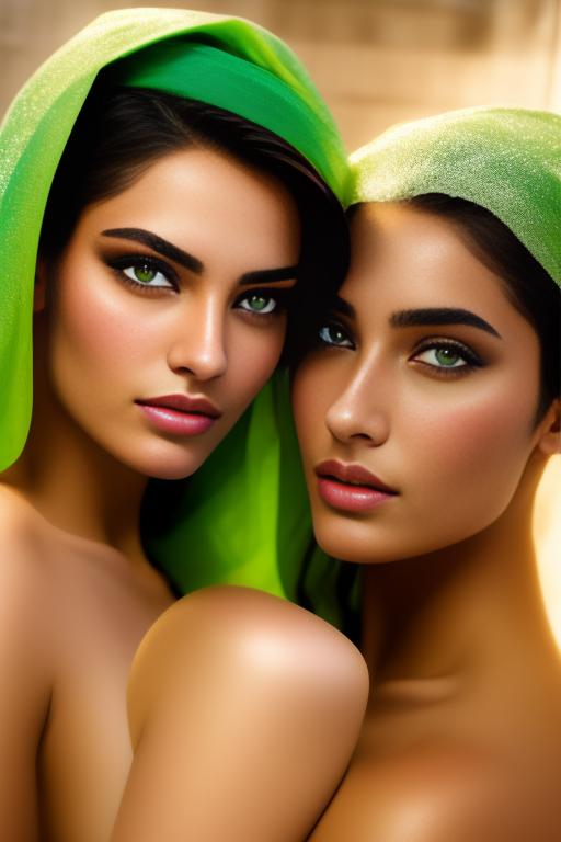 Image: two moroccan top models  goergeous light green eyes face close up in bath