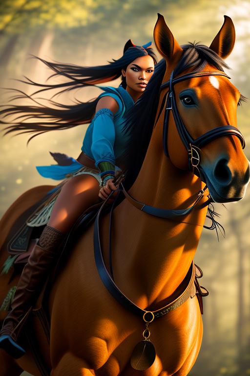 Pocahontas Disney , chasing with bow , riding horse, legs, nbr_models_one One Top Model, art_style_hyper_detailed Hyper Detailed, camera_close_up Close-Up