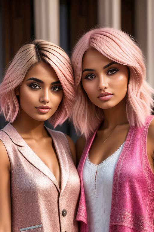 Image: two  moroccan top models close up  blonde and pink hair open vest